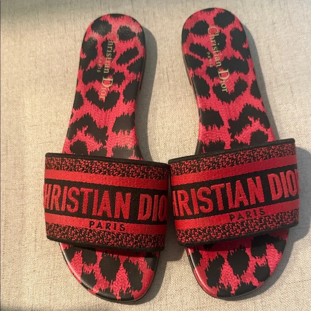 Dior Red and Black Patterned Slides - Picture 1 of 7